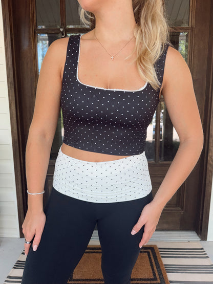 Polka Dot Print Crop Tank with Lace Trim