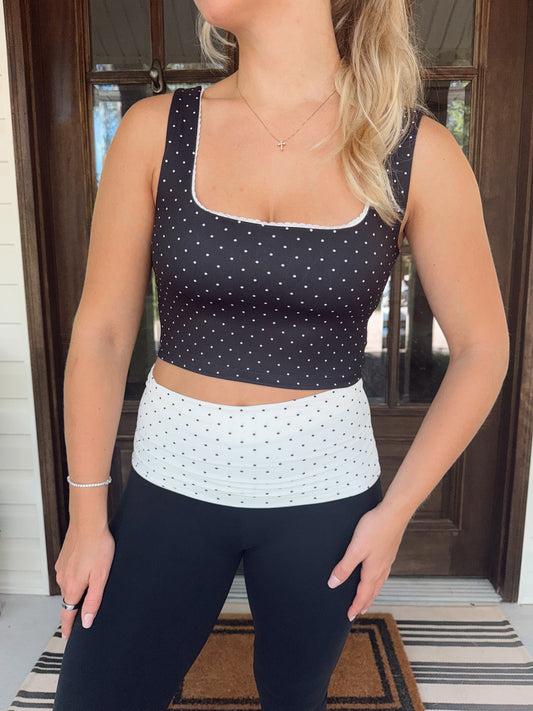 Polka Dot Print Crop Tank with Lace Trim