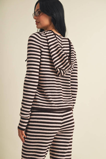 Striped Relaxed Zip Up Knit Sweater Hoodie